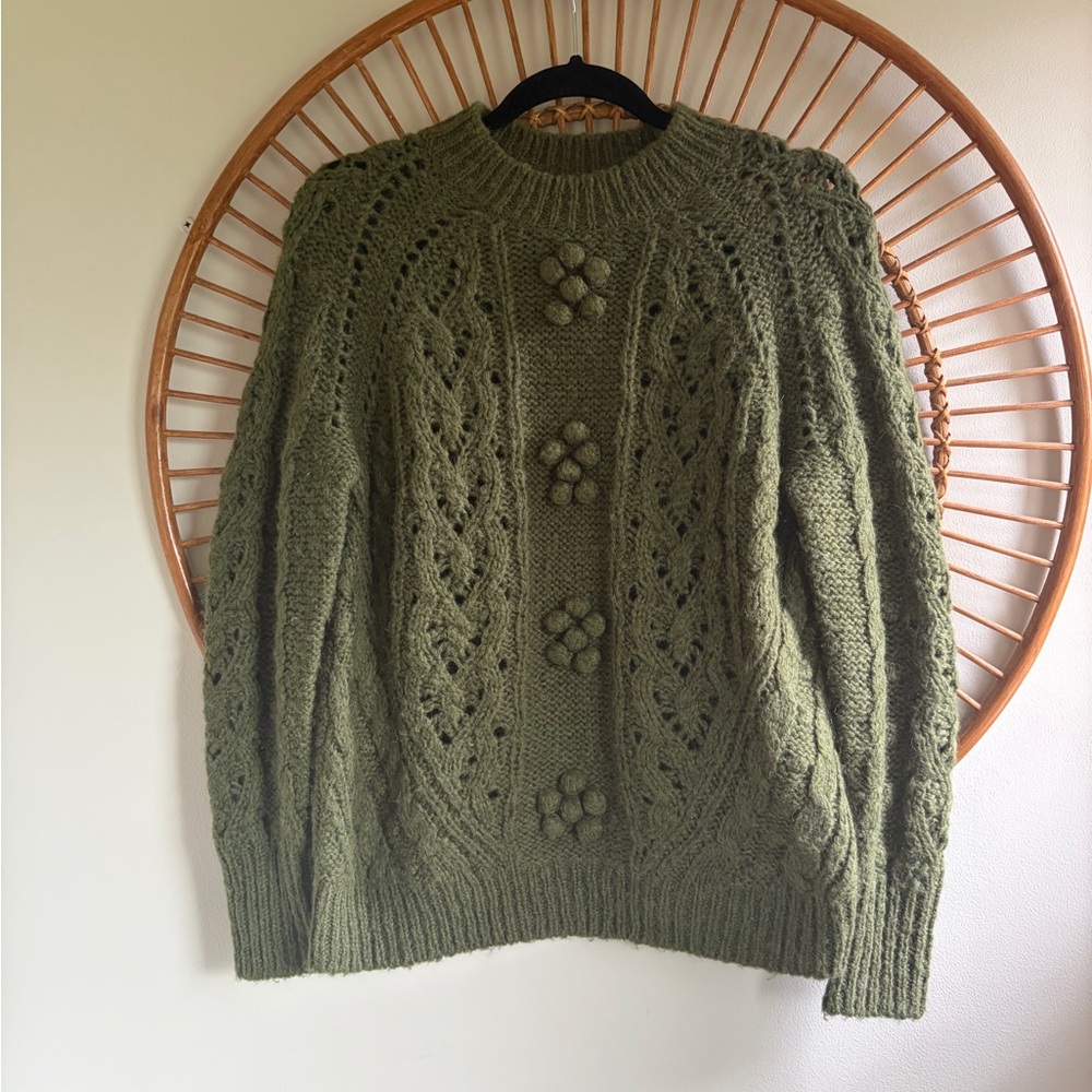 J CREW Cable-knit pointelle sweater with popcorn flowers